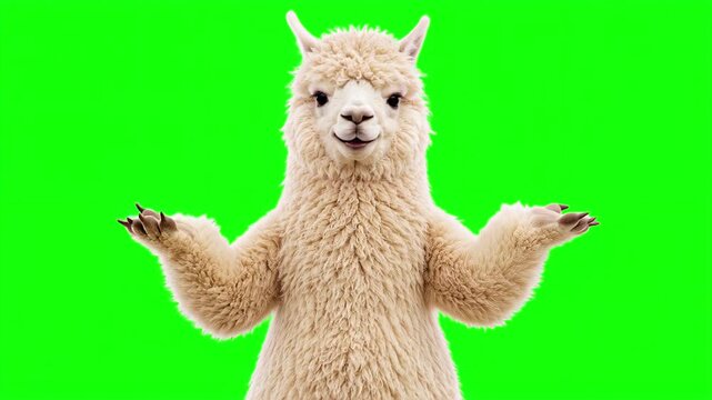 Realistic alpaca shrugging explaining concept, 3D animal raising hands, asking about reason, why, presenting isolated on chroma key green screen background