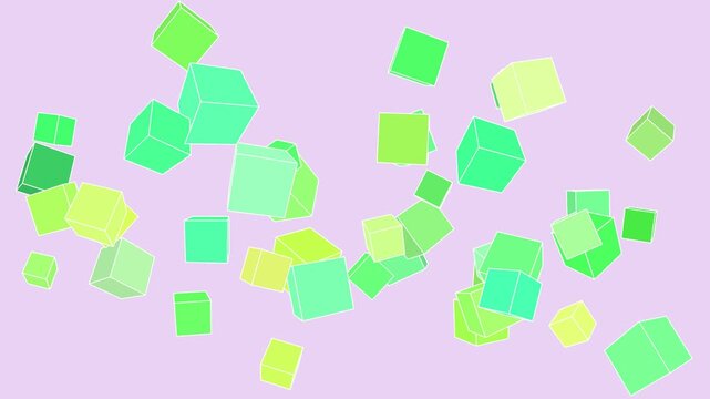 motion graphic featuring a multitude of green, lime, and emerald-colored 3D cubes floating and rotating in a soft, pastel purple environment