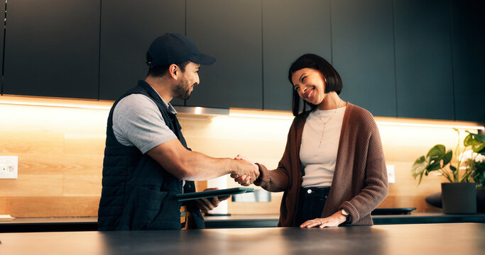 Handshake, client and tablet with handyman in kitchen for invoice agreement, repair plan and consulting. Plumbing solution, home renovation quote and shaking hands with people for online feedback