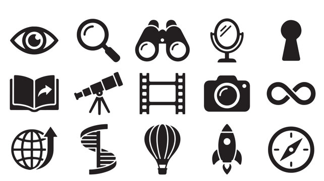 Exploration, discovery icons, 15 symbol set, black vector graphics, film, travel, science