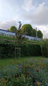 Beautiful Pierre Schneiter horticultural garden in Reims with a regional train