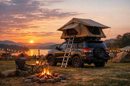 A car parked beside a campfire with a tent on top, suitable for outdoor adventures and camping scenes