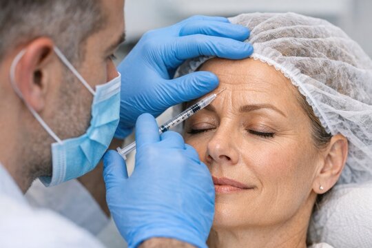 A woman undergoing eyebrow shaping treatment with a medical professional