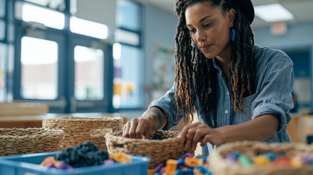 Teacher arranging learning centers with baskets and manipulatives in bright classroom
