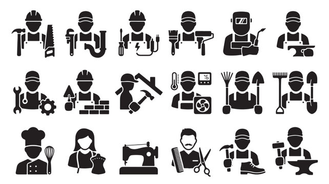 Occupation, worker, labor icons, 18 black silhouette vector graphics, people at work, professions, industry, laborers