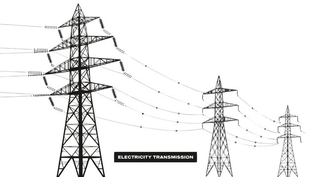 Very beautiful black and white realistic vector illustration of electricity transmission towers featuring a bold label reading "ELECTRICITY TRANSMISSION", high-voltage power pylons, overhead transmiss