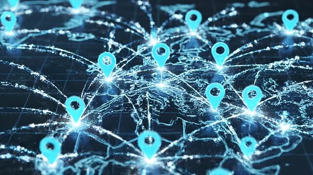 Animated digital map with interconnected location pins concept. Glowing blue map with location markers highlighting key points across Europe for global navigation and travel