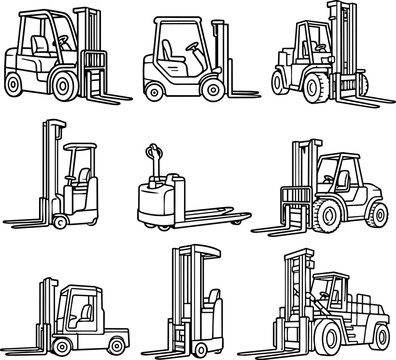 Set of warehouse forklifts and pallet jack in outline style