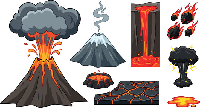 Volcano eruption and lava vector collection featuring exploding volcano, molten magma, lava flow, ash clouds, and natural disaster elements