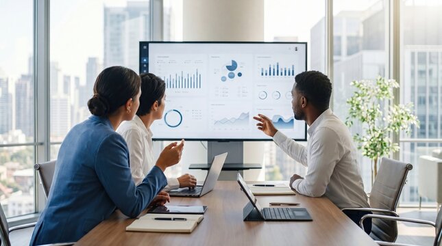 Diverse business team reviewing analytics dashboard on large screen in conference room, pointing at graphs and discussing performance metrics for strategy.