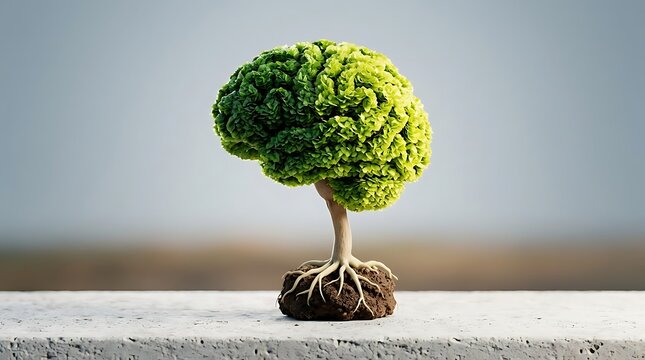 Green tree shaped like a human brain growing from soil with roots, representing mental health, psychological growth, and environmental ecology.