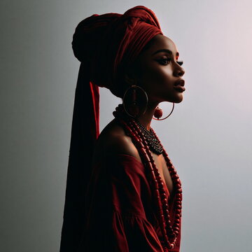 Sophisticated African Woman Showcasing Stunning Gele Headwrap, Radiating Pride and Elegance in Luxurious Fabric and Rich Textiles