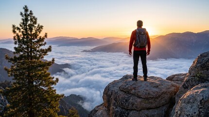 Fototapeta premium Man standing on mountain peak at sunrise with backpack with sunrise overlooking sea, standing rocky, exploration, mountainous, inspiration, tranquility