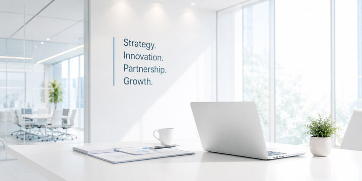 Modern Bright Office Interior with Laptop Desk and Corporate Values Wall Decal