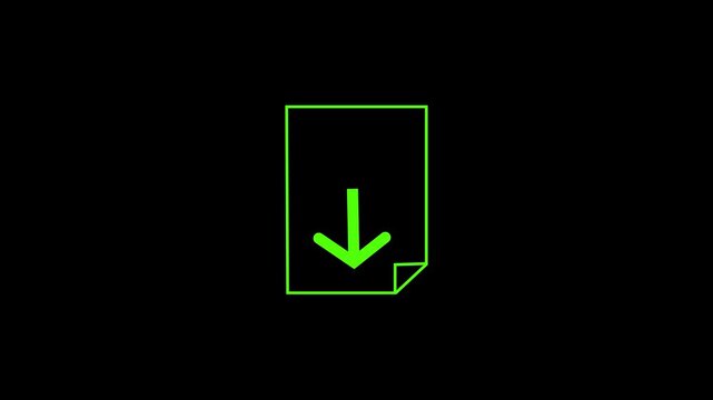 green Document Download Icon Animation with Downward Arrow on Black Background