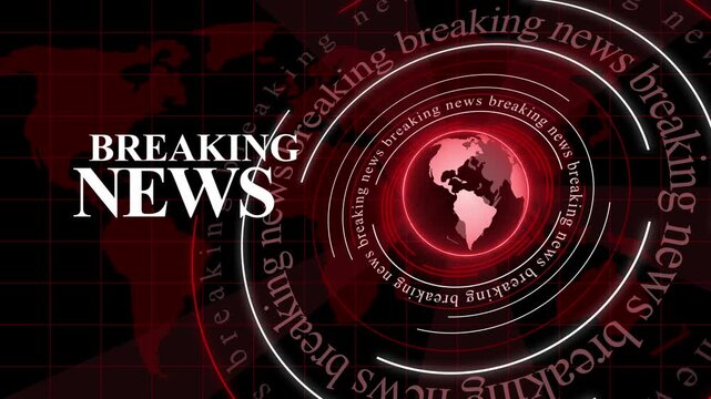 Breaking news graphic with globe, circular motion rings and bold breaking news text animation