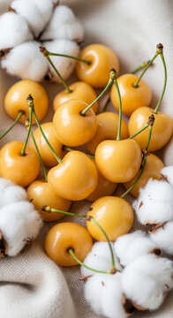 Close-up of ripe yellow cherries and fluffy cotton bolls arranged on a textured fabric, symbolizing natural freshness, sweetness, and delicate comfort.
