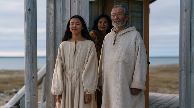 Inuit teenage girl leaving home for university as older parents stand on wooden porch of remote northern home waving goodbye, college send-off emotion, wide view of overcast