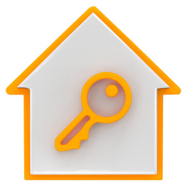 3D house icon with orange key