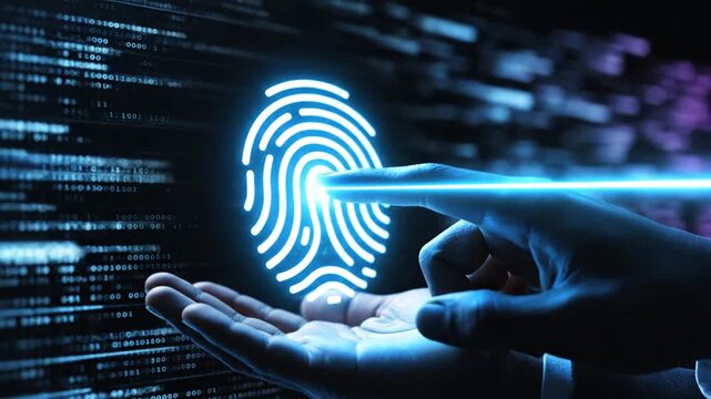 Finger reaching for glowing biometric fingerprint scanner icon.