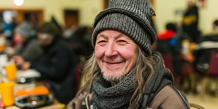 Smiling Homeless Man Sitting Inside A Caring Warm Community Shelter Dining Hall For Free Meals