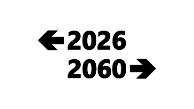 Future planning concept: 2026 vs 2060 timeline comparison with directional arrows