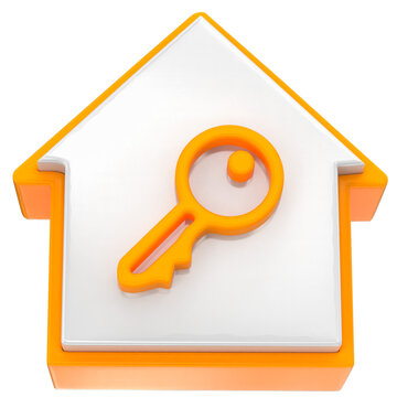 Orange 3D house icon with key