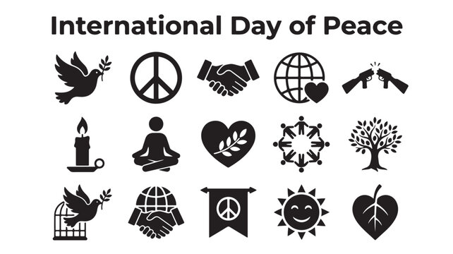 International Day of Peace icon set, 15 black vector symbols for global harmony, pacifism and anti-war concepts, minimalist flat EPS elements