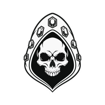 Black and white vector illustration of a human skull wearing a pointed fabric hood encrusted with hexagonal gemstones, isolated on a white background for graphic design use.