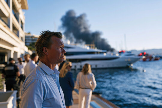 A man stands on the shoreline contemplating the maritime chaos with smoke rising from a distance, reflecting the feelings of concern and reflection amidst a crisis.