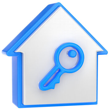 Blue 3D home icon with key