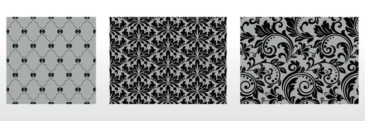 Fototapeta premium Geometric floral set of seamless patterns. Gray and black vector backgrounds. Damask graphic ornaments