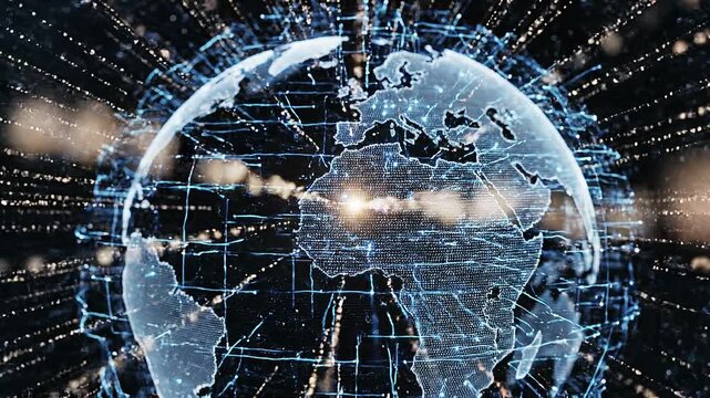 Digital globe with futuristic data connections and technology network over Africa and Europe