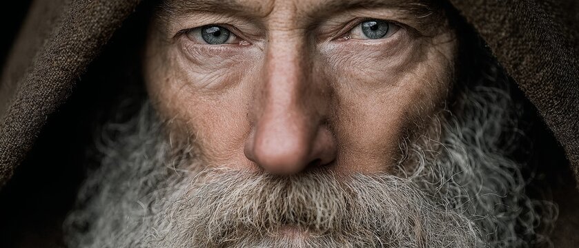 A close-up portrait of an elderly man with piercing blue eyes and a thick grey beard, using a dark hood as a dramatic background.
