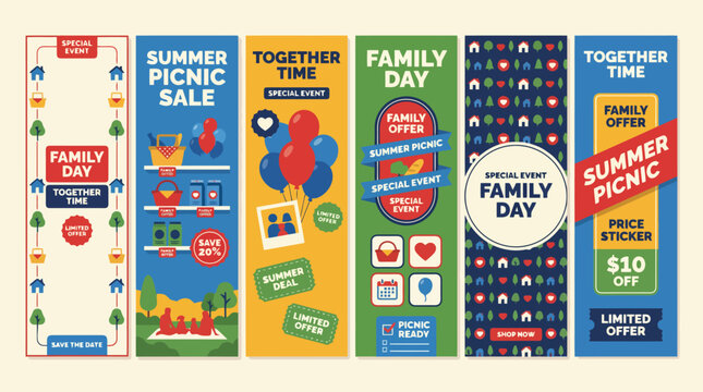 Summer Picnic Sale vertical banner set, Family Day event promotional flyers, colorful Together Time marketing posters with balloons and picnic baskets