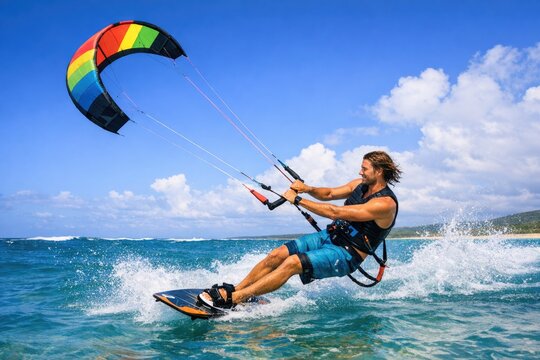 A person enjoying parasailing activity over calm ocean waters on a sunny day