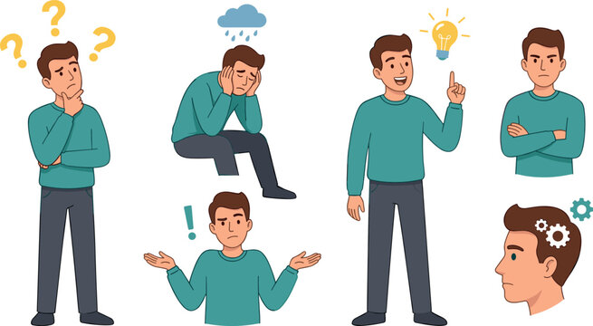 Business thinking and problem solving character vector collection featuring confused, stressed, confident, and idea generation poses with emotional expressions