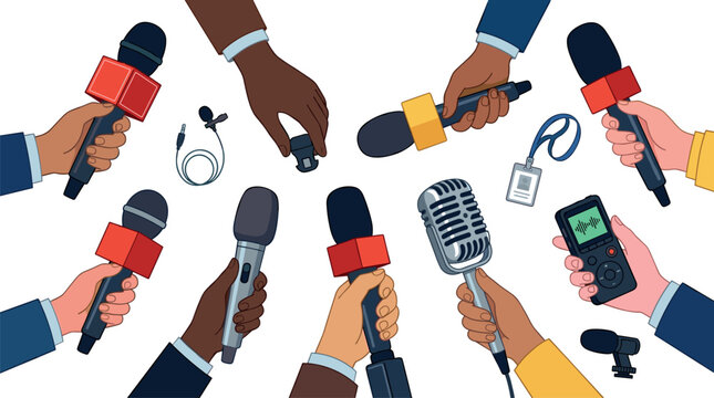 Journalism and media interview vector collection featuring microphones, reporters, audio recording devices, and press conference broadcasting equipment