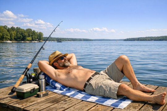 A person relaxing on a dock with a fishing rod, enjoying the scenery and waiting for a bite