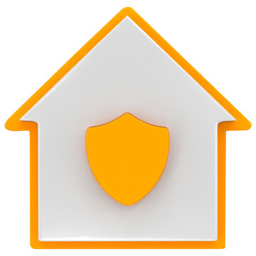 3D house icon with orange shield