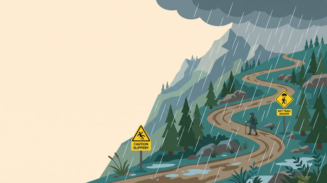 大雨の山道と注意マークを描いた登山安全の背景素材