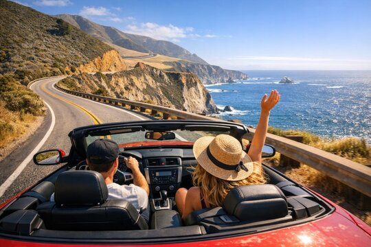 A couple enjoying a scenic drive in a red convertible alongside the ocean