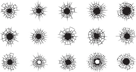 Obraz premium Bullet Hole, Glass Crack, Wall Crack & Fire Flame Vector Set Impact Damage Silhouette Collection