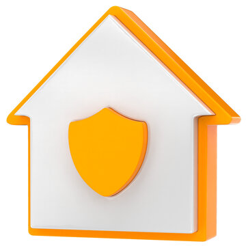 3D house icon with orange shield
