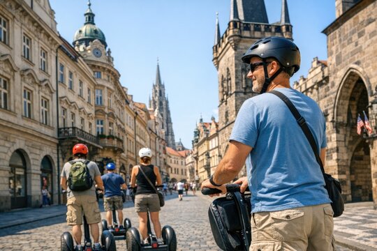 Group of people riding segways down a cobblestone street, suitable for travel or cityscape illustration