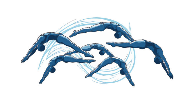 Stylized vector illustration showing a sequence of multiple blue divers performing acrobatic jumps and somersaults mid-air with dynamic motion trails, isolated on a white background.