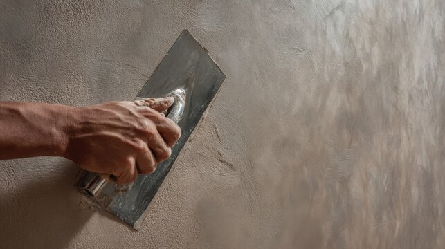Close up of a skilled craftsperson applying smooth beige microcement with a stainless steel trowel onto a modern wall, elegant minimal interior