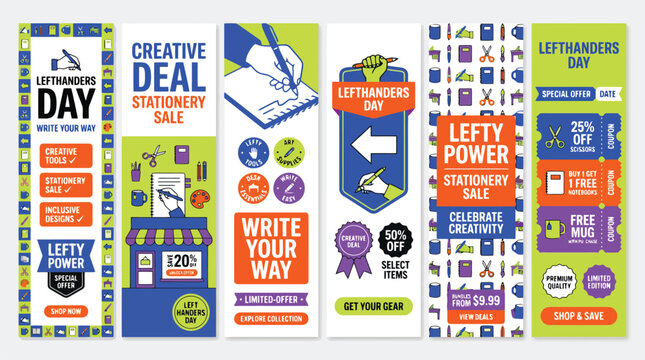Lefthanders Day vertical banner set, creative stationery sale web headers, colorful marketing templates for lefty power promotion, vector illustration