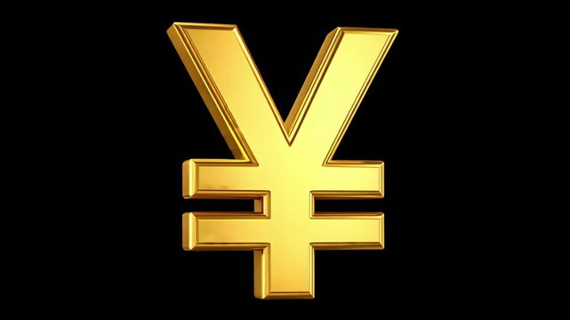 &yen; Golden yen symbol currency concept, solid gold Japanese economy and financial market 3D animation on black background