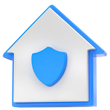 3D house icon with blue shield